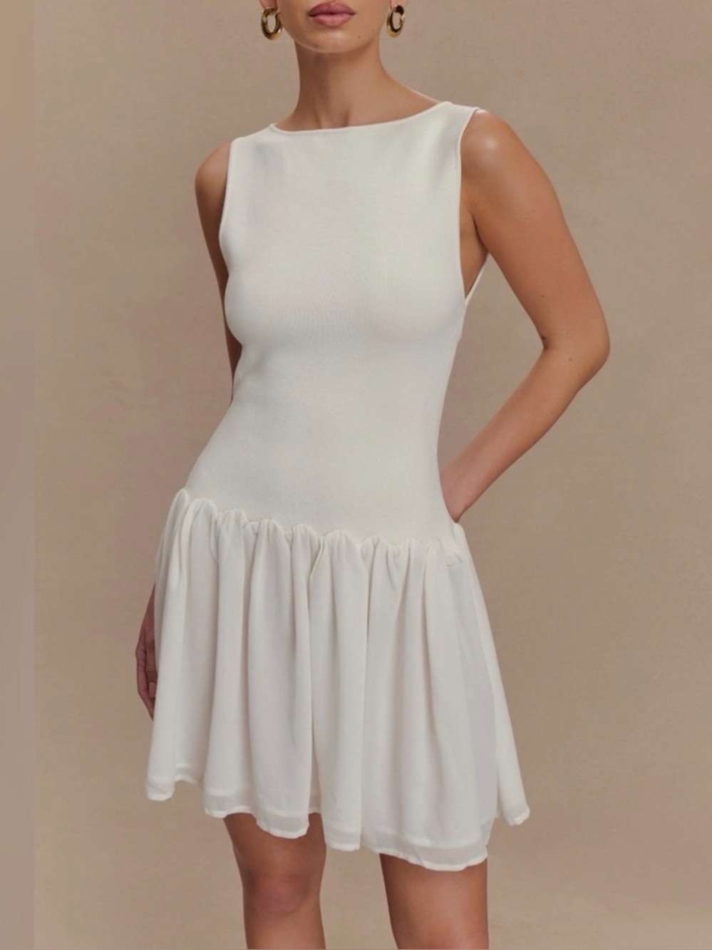 Meshki Ashleigh Knit Chiffon Sleeveless Mini Dress Ivory